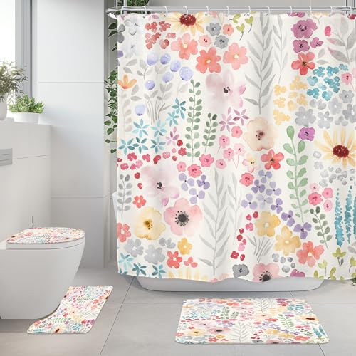 Riyidecor Pink Girls Floral Cute 4Pcs Shower Curtain Set with