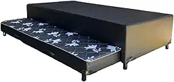 Bicama Solteiro Sintético Preto, base box com cama auxiliar