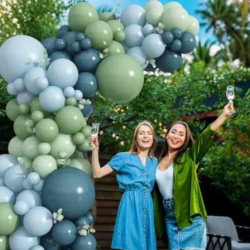 Image of Blue and Green Balloon Arch Kit 107Pcs Dusty Blue Sage Green Balloons Garland Retro Slate Haze Fog Pale Gray Birthday Party Balloons for Boys Rustic Navy Woodland Jungle Baby Shower Decorations