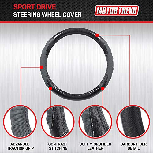 Image of Motor Trend GripPlus Black Carbon Fiber Steering Wheel Cover, Standard 15 inch Size, Advanced Traction Grip, Car Steering Wheel Cover for Truck Van SUV Auto