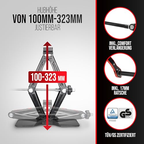 HEYNER® Scherenwagenheber 0,8t Wagenheber inkl. Tasche I 17mm Ratsche I Kurbel und Gummiauflage I...