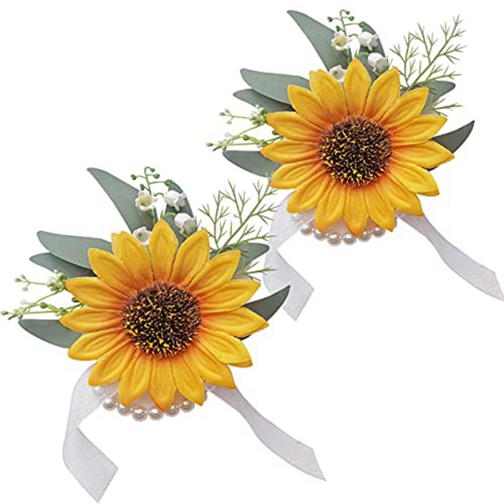 Hndhbfgrt Bride Groom Bridesmaid Wedding Flower Wrist Corsage Set- Artificial Sunflower 2PCS for Party and Vintage Weddings