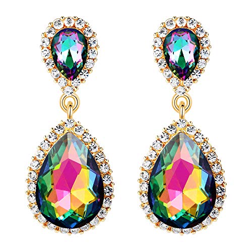 EVER FAITH Women's Austrian Crystal Prom Tear Drop Dangle Earrings Green AB Gold-Tone