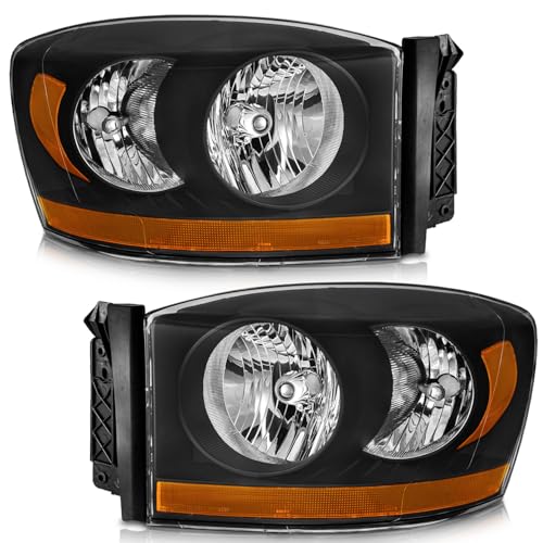 WEELMOTO Headlights with Bottom Amber Light Models for 2006-2008 Dodge Ram 1500/2500/3500 ONLY; Headlights Assemblies for 2006 2007 2008 Dodge Ram 1500/2500/3500 Black Housing