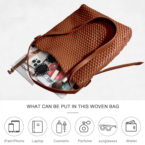 Image of Large Woven Tote Bag Vegan Leather Shoulder Bag for Women Fashion Travel Shopper Bag Top Handle Handbag and Purse