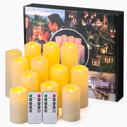 Image of 12-Pack Flameless LED Candles with Remote & Timer, 4 Sizes (3.9 inch to 6.9 inch), Waterproof Outdoor Pillar Candles, Realistic Flame & Steady Light Modes for Wedding, Patio, Party