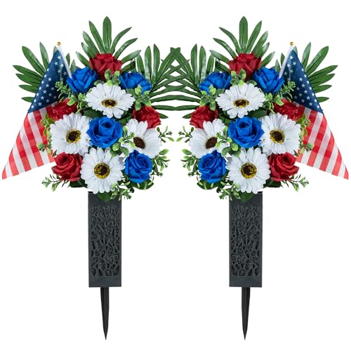 Memobloom Memorial Day Flowers for Cemetery: 2 Pcs 4th of July Outdoor Grave 250th Anniversary USA Decorations - Fathers Day Cemetery Flowers for Grave Vase - Patriotic Artificial Red White Blue Roses