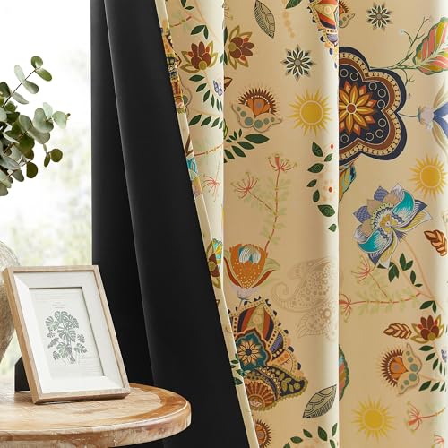 Image of XiDi Boho Beige Floral Blackout Bedroom Curtains 63 Inches Long 2 Panels | Room Darkening Thermal Insulated Vintage Farmhouse Paisley Curtains Patterned Flower Leaf Grommet Drapes for Home Decor 52x63