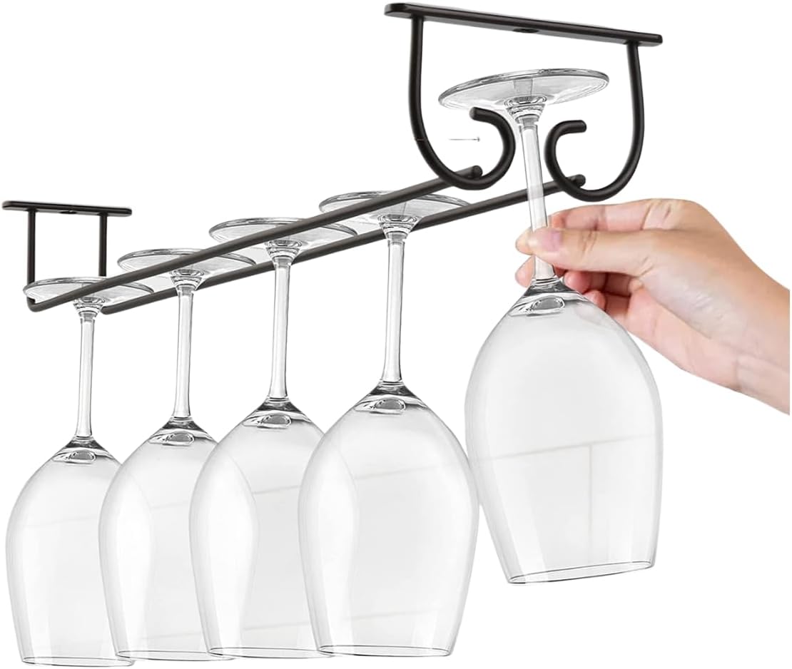 Wine Rack – Upside Down Hanging Wine Glass Holder for Kitchen Cabinet, Bar, Hotel & Café – Under Shelf Metal Stemware Organizer (1, Design B)