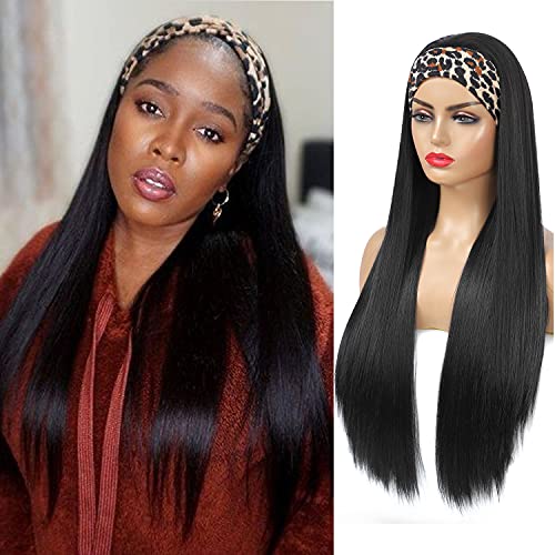 Monikahair Headband Wig Long Straight Natural Black Wigs for Black Women Glueless 28inch Headband Wig Natural Looking Synthetic Half Wigs for Black Women Daily Party
