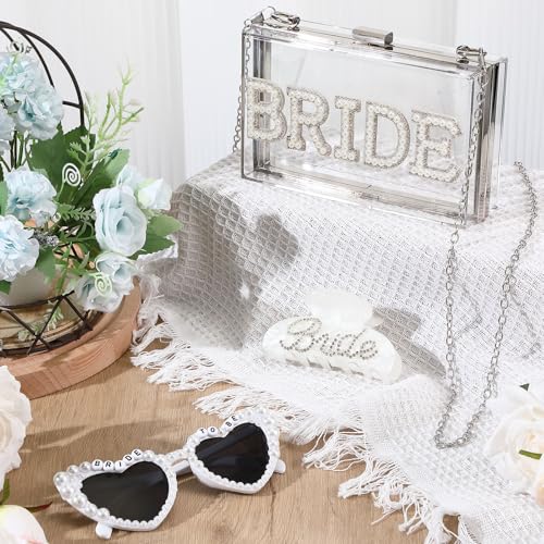 3 Pcs Bride Gifts Set Bride Bag Women Clear Clutch Sunglasses Hair Clip Pearl Letter Stickers for Bachelorette Party2