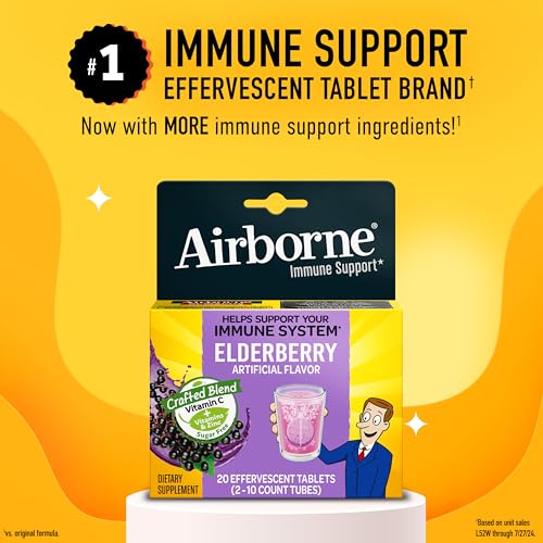 Image of Airborne Elderberry + Zinc & Vitamin C Effervescent Tablets, Immune Support Supplement with Powerful Antioxidant Vitamins A C E, 20 Fizzy Drink Tablets, Elderberry Flavor