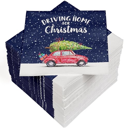 HEKU 100 Servietten, 3-lagig, 33x33cm, "Driving Home for Christmas"-Schriftzug I Saugstark und praktisch verpackt I Breite Auswahl I Ideal für besondere Anlässe