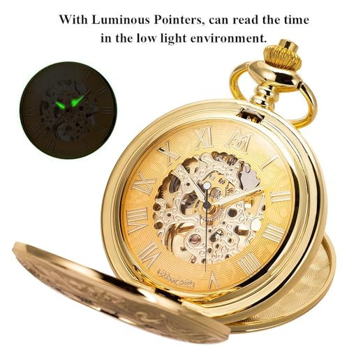 Image of ManChDa Mechanical Roman Numerals Dial Skeleton Pocket Watches with Box and Chains for Mens Women