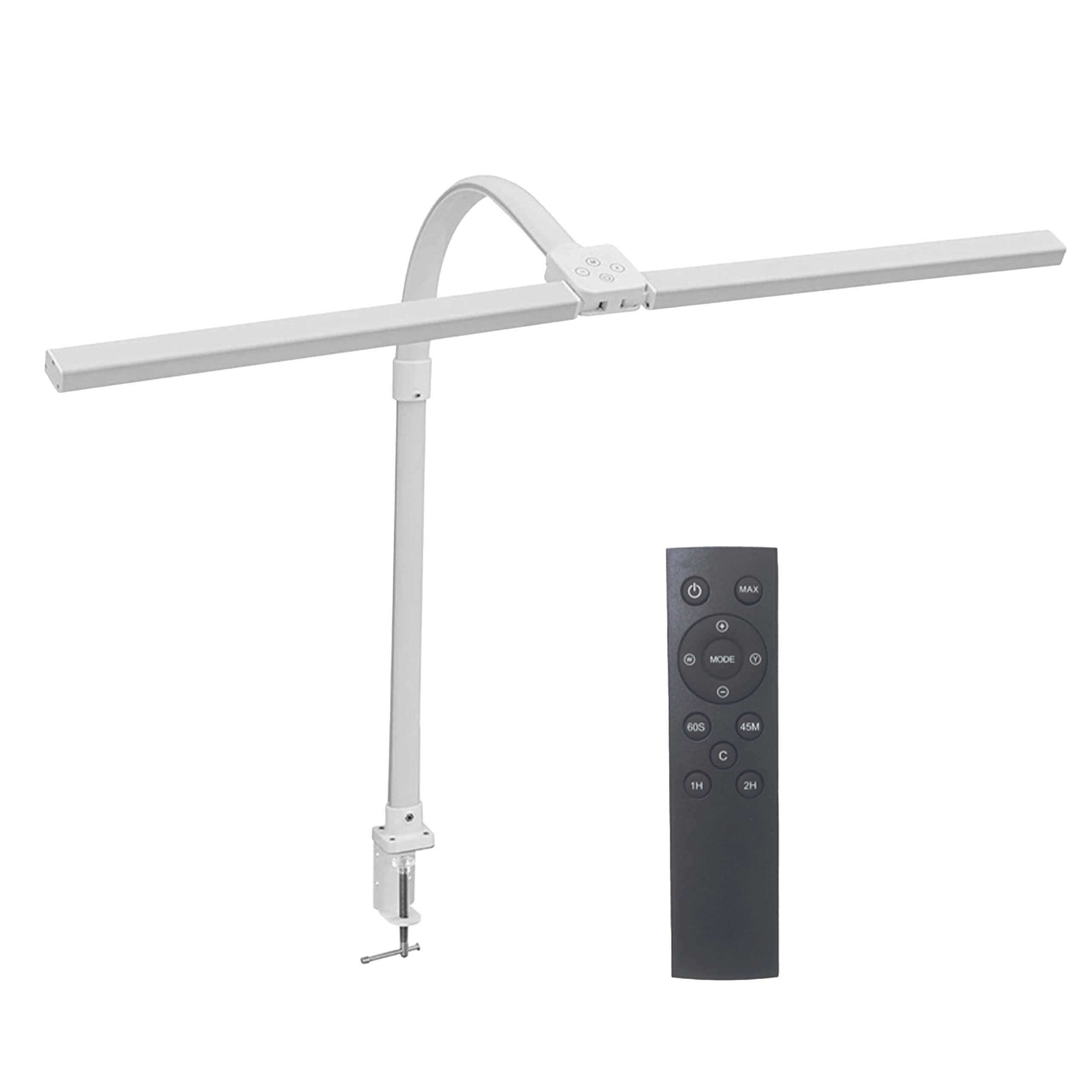 Relaxdays Lámpara de escritorio, mando a distancia y táctil, lámpara LED de doble cabeza, 80 cm de ancho, lámpara de sujeción de cuello de cisne, color blanco