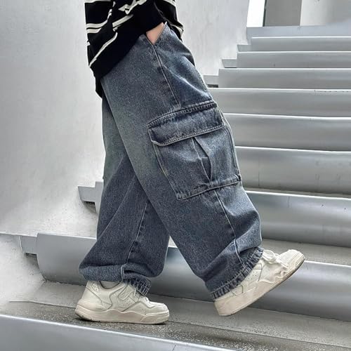 Boys Cargo Jeans Y2k Baggy Denim Pants Multi Pockets Wide Leg Loose Boyfriend Jeans for Kids 5-15 Years4