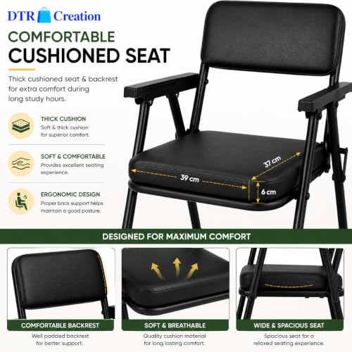 Image of Foldable Cushioned Chair with Armrests | Heavy Duty Metal Frame | Soft Padded Seat & Backrest | Space Saving Folding Chair for Home, Office, Study & Guest Seating | Black