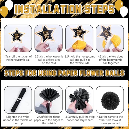 Image of Graduation Decorations 2026 Black and Gold Class of 2026 Banner Congrats Grad Backdrop Paper Tablecloth Pompoms Hanging Swirls and Balloons for 2026 Graduations Party Decorations Supplies