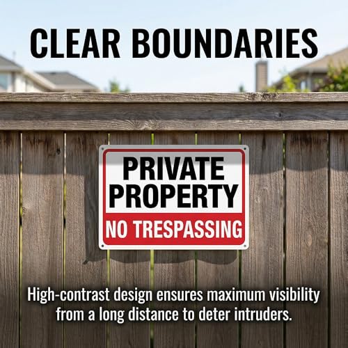 Image of 4-Pack No Trespassing Signs Private Property Metal Sign 10 x 7 In Aluminum | Rust-free aluminum with UV print; weatherproof for yard, fence, gate, farm, driveway, and home entrance