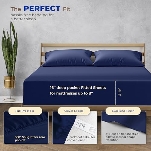 Image of THREAD SPREAD California King Bed Sheets, Luxury 1000 Series Paradise Collection 100% Egyptian Cotton Cal King Sheets Set (4 PC, Navy Blue), Silky Soft, Cooling, 16 inch Deep Pocket Hotel Sheet Set