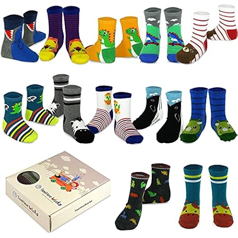 TeeHee Little Boys and Toddler Cotton Crew Socks 12 Pair Gift Box (6-8 Years, Dinosaur) Cover