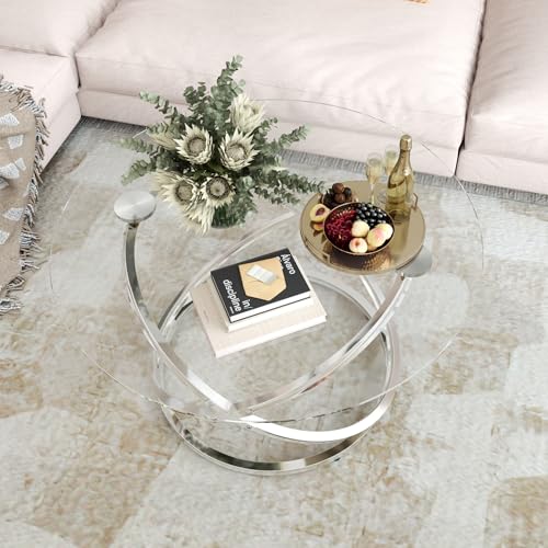 31" Glass Coffee Table, Modern End Table with Ring Silver Metal F...