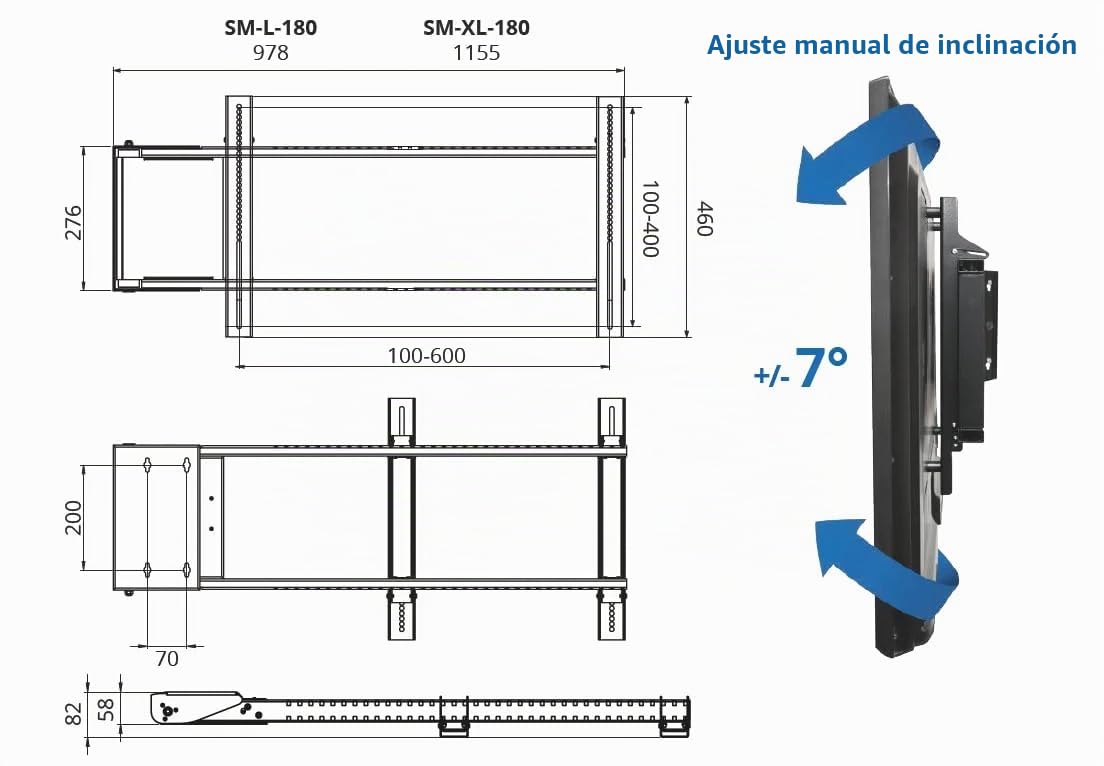 SABAJ M&D Soporte TV Pared Motorizado Eléctrico Giratorio 75 Pulgadas | Giro 180 grados a 2 grados por segundo, hasta 40 kg, VESA 100x100 a 600x400, inclinación manual 7 grados