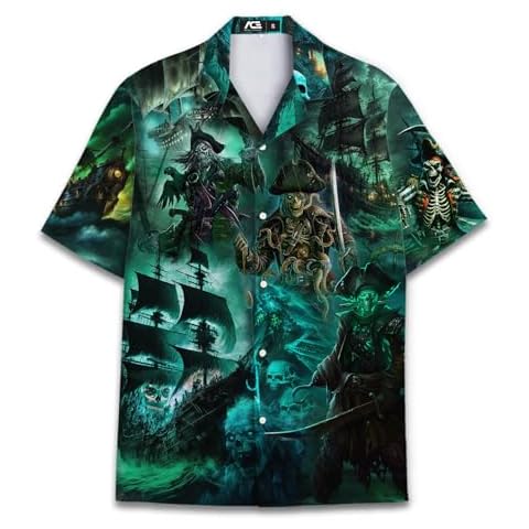 ACEPrints Vintage Skull Pirate Hawaiian Shirts for Men Pirate Skeleton Button Down Shirt Men Casual Hawaiian Shirts Short Sleeve A1 Cover