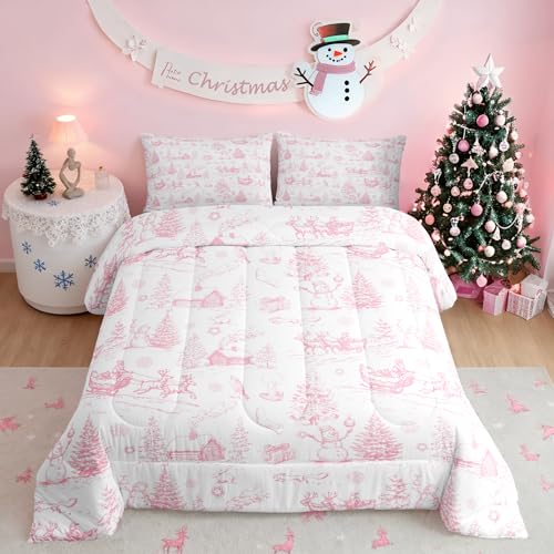 Christmas Comforter Set Full Size Pink White Winter Xmas Tree Quilt Set Snowman Santa Claus Bedding Set Kids Boys Girls Room Decor Vintage Rustic Farmhouse Duvet Insert 2 Pillowcases