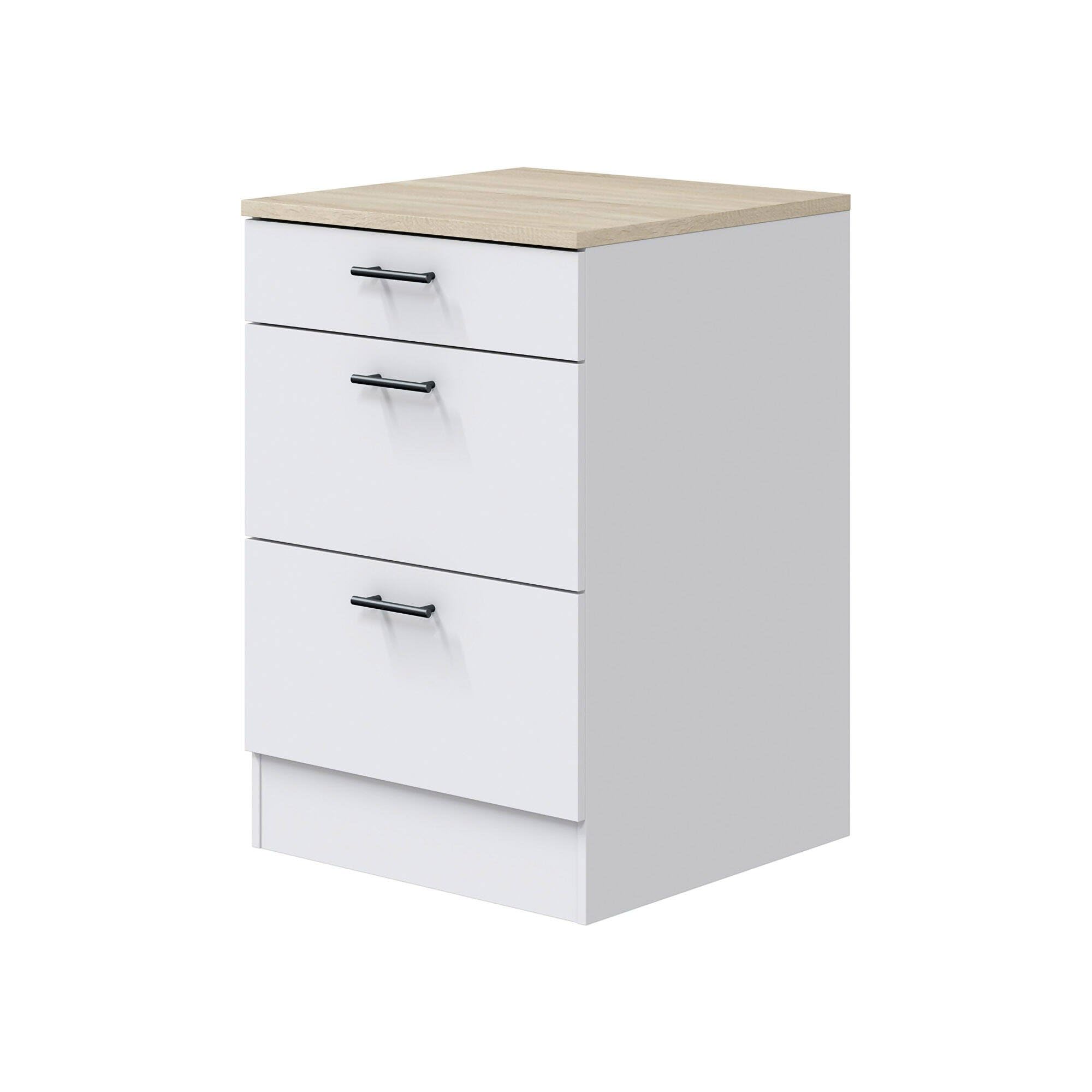 Mobile 3 cassetti Cuggiono, Cassettiera da cucina, Modulo contenitore con cassetti, Base con cassetti estraibili, 60x60 h90 cm, Bianco e Rovere
