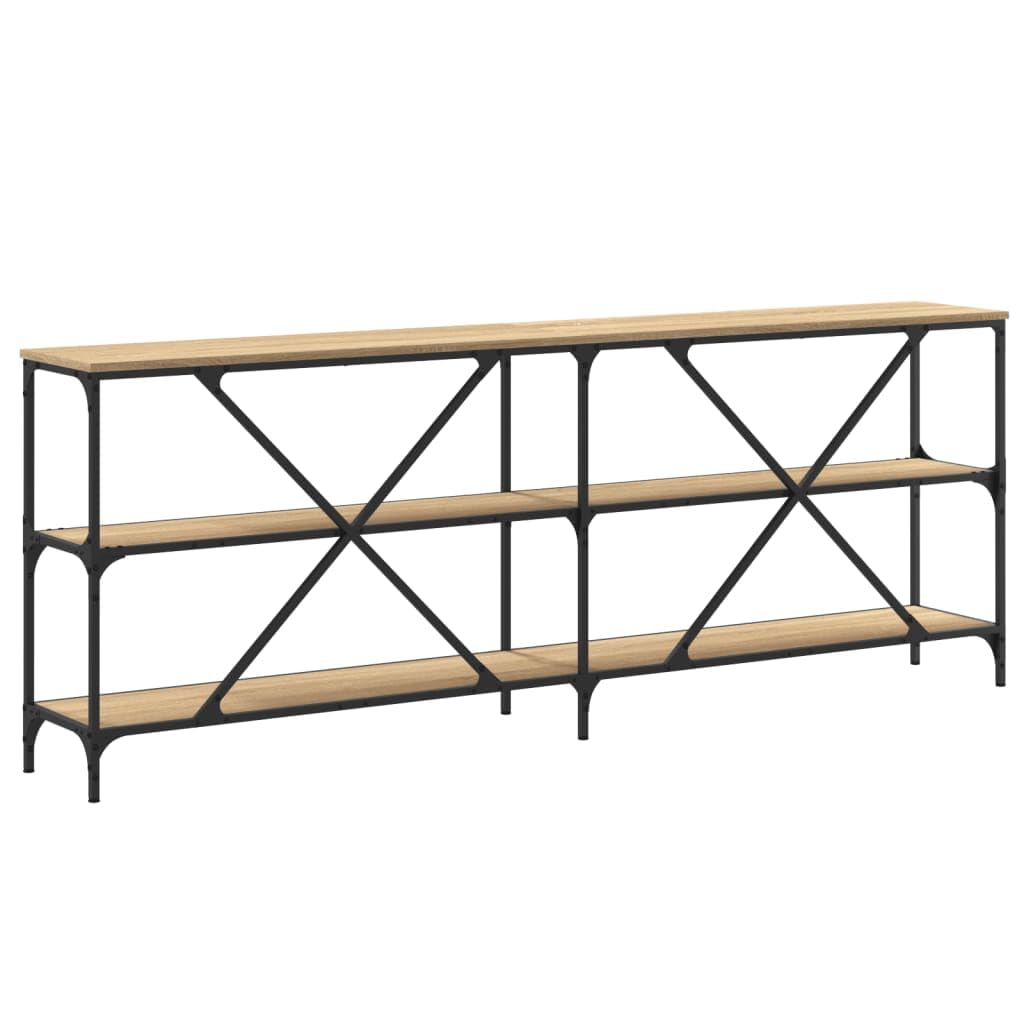 Stół konsoli z drewna i żelaza 200 x 30 x 75 cm | Regulowane nóżki z plastikowymi podkładkami, podwójna poprzeczka X, zintegrowane przechowywanie, mocowanie ścienne w zestawie