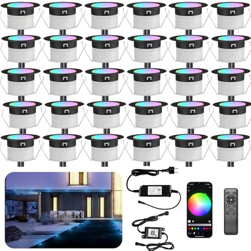 INDARUN WiFi Lampe au Sol Spot Encastrable RGBW étanche IP67 Ø45mm - éclairage pour terrasse, patio, chemin, mur, jardin, décoration, intérieur et extérieur (30 pièces)