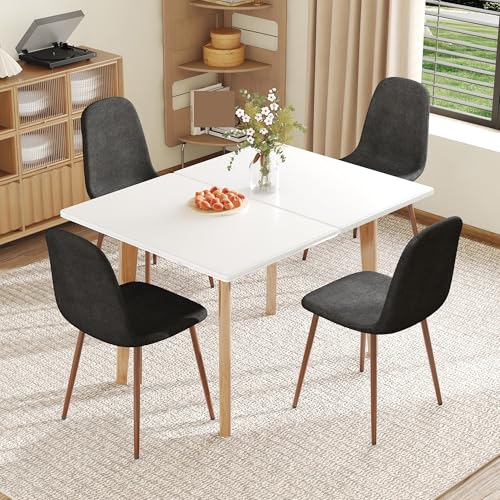 White Sintered Stone Tabletop, with 4 Black Linen-Cotton Material High Resilience Dining Chair with Metal Leg