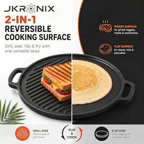 Image of Pre-Seasoned Cast Iron Dosa Tawa with Handle, 2-in-1 Reversible Grill Pan 30 cm, Naturally Non-Stick Cookware for Roti, Chapati, Chilla & Uttapam, Heavy Duty Griddle, Double Sided Cookware