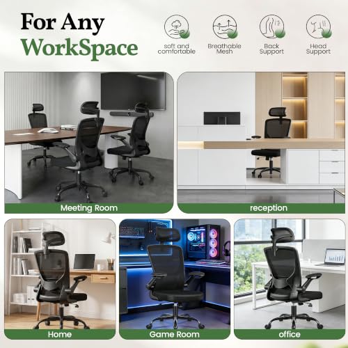 Image of Ergonomic Office Desk Chair, Computer Desk Chair with Adjustable Lumbar Support, FILP-up Arms, Breathable Mesh Home Office Chairs Comfortable for Long Hours, Black