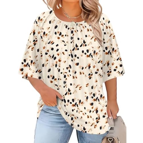 LOMON Womens Plus Size Tops Summer 3/4 Length Sleeve Crewneck Blouses Dressy Casual Loose Curvy Flowy Tunic Shirts 1X-5X Apricot Leopard 3X-Large Plus