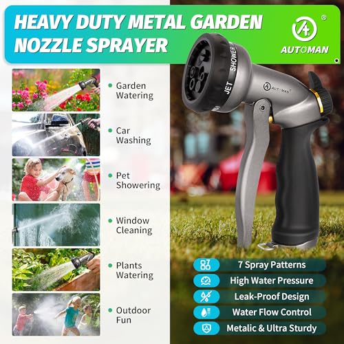 Image of AUTOMAN Garden Hose Nozzle - 2 Pack, 100% Metal High Pressure Spray Nozzle, Labor-Saving Design, Heavy Duty for Garden Watering, Car Washing, Window Cleaning, Pets Bathing