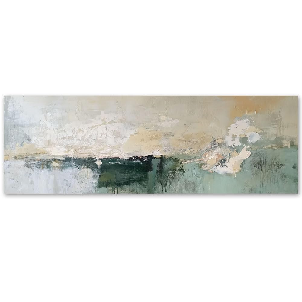Feeby Wandbilder - Bilder Schlafzimmer - Grün Beige Abstrakt Modern - 150x50 1tlg - Wohnzimmer Bild Groß - Wohnungs - Foto Geschenk - Leinwand Wall Art - Wand Deko