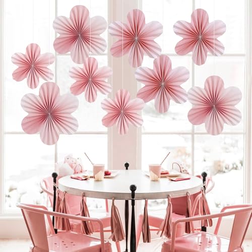Image of SUNBEAUTY 9 PCS Pink and Cherry Blossom Party Decorations Pink Paper Fans Decor Sunset Party Floral Backdrop Decoration Hanging Paper Flowers for Wall Birthday Wedding Baby Shower Supplies