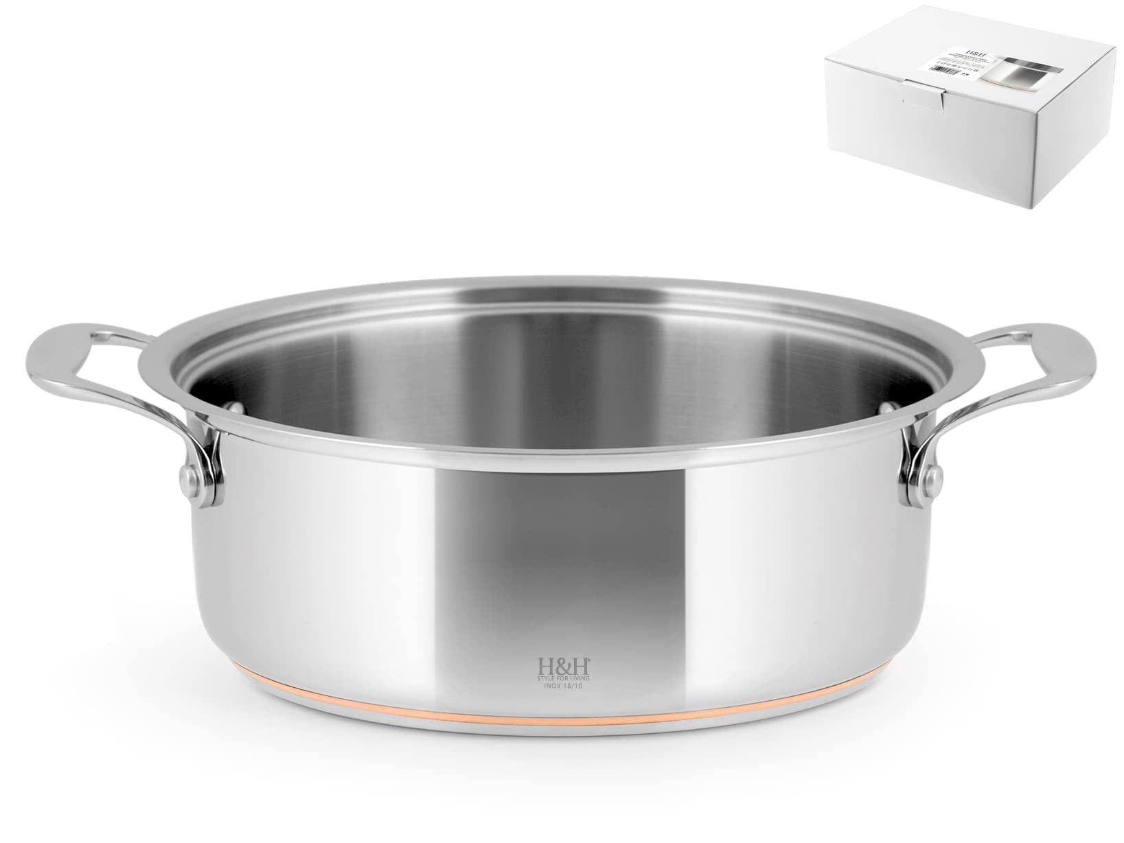 H&H Copper Low Casserole 2 Handles, Stainless Steel, Grey
