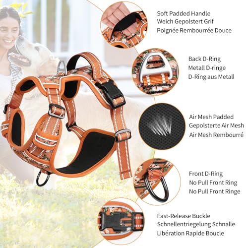 HEELE Hundegeschirr, Hundegeschirre mittelgroße Hunde mit Griff reflektierendes Hundegeschirr gepolstertes Brustgeschirr No Pull Geschirr Hund Verstellbar, Blume-Orange, M