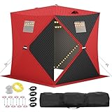 JoanKaren Pop Up Ice Fishing Tent Insulated, Hub-Style Portable Ice Fishing Shelter with 49 ft LED Light Strip & Carrying Bag, Windproof Design, 35 sq ft Fishable Area, Fits 3-4 People, Red & Black