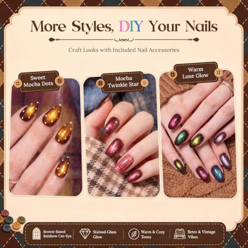 Image of Beetles Mocha Sweater Cat Eye Gel Nail Polish Set, 6 Colors 9ml Fall Gel | Brown-Based Iridescent Cat Eye Gel Kit Magnetic Effect, Button Charms & Star Stickers & Magnet, Soak Off UV Salon at Home