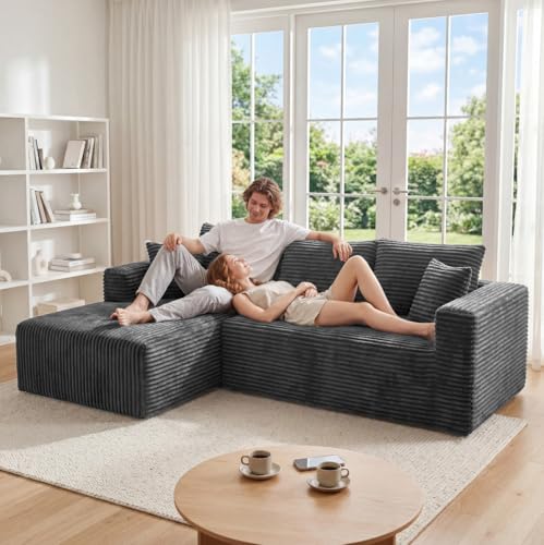 Image of 92.5 inch Modualr Sectional Sofa, L-Shaped Corduroy Cloud Couch with Chaise, Upholstered Boneless Couches for Living Room Bedroom, No Assembly Required - Grey(Left Facing Chaise)