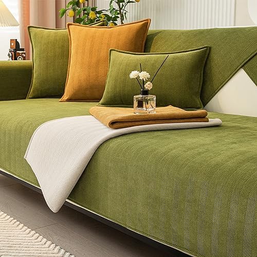 Funny Sofa Cover, Fuzzy Couch Cover, Herringbone Chenille Fabric Furniture Protector Sofa Cover, Cosy Solid Colour Non-Slip Couch Cover (Green,110 * 240cm)