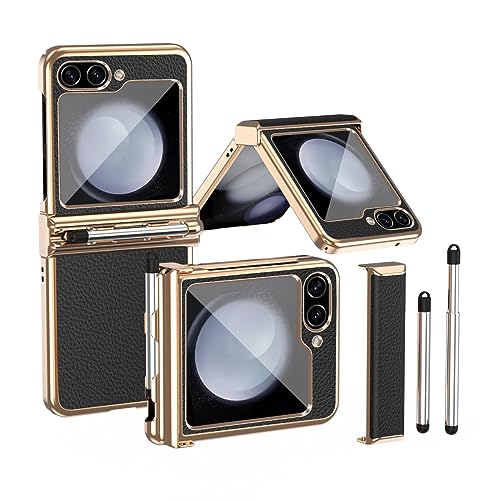 360度の完全な保護 メッキ フレーム ケース Galaxy Z Flip5 レザー ライチ柄 リストバンド 指紋防止 手帳型 携帯,ペントレイ 送料スタイラス 180度折り畳み式ワンピース 人気 金属レンズ保護カバー シリカゲル磁性かわいい、おしゃれ キ