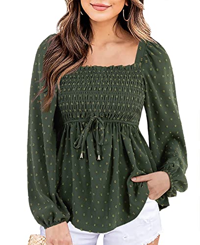 Imysty Womens V Neck Smocked Peplum Tops Balloon Long Sleeve Swiss Dot Ruched Blouses Shirt3