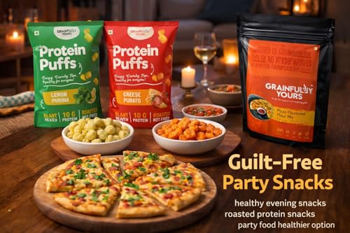 Image of Grainfully Yours Healthy Pizza & Protein Snack Combo - Pizza Flour Mix, Protein Puffs Lemon Pudina & Cheesy Tomato, Plant-Based, High Protein, Roasted Snacks, No Preservatives, No Refined Flour