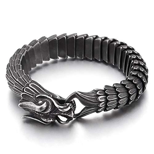 COOLSTEELANDBEYOND Retro Style Mens Steel Dragon Link Chain Bracelet, Vintage Old Metal Finishing, Spring Hook Clasp2
