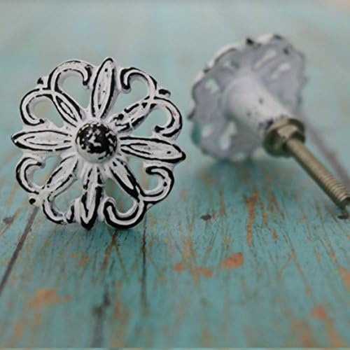 Set of Four Floral Metal Cabinet Knob in Distressed White Finish